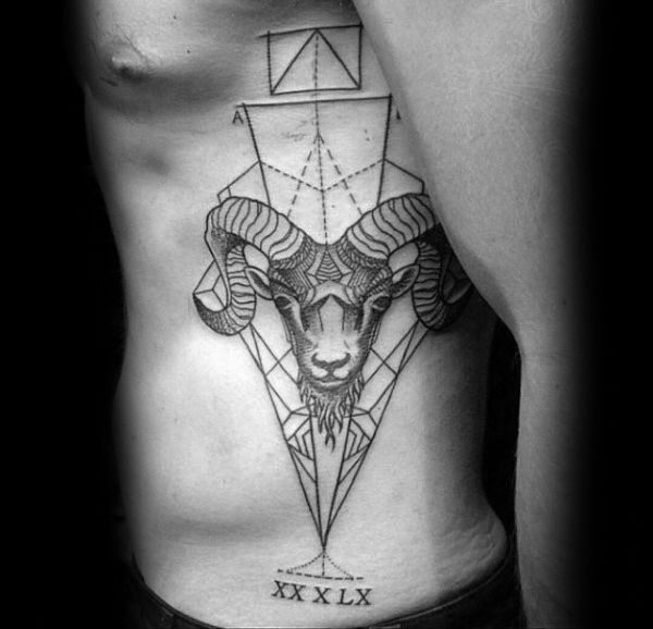 Geometric Aries tattoo with Roman numerals for men on ribs tattoo ideas