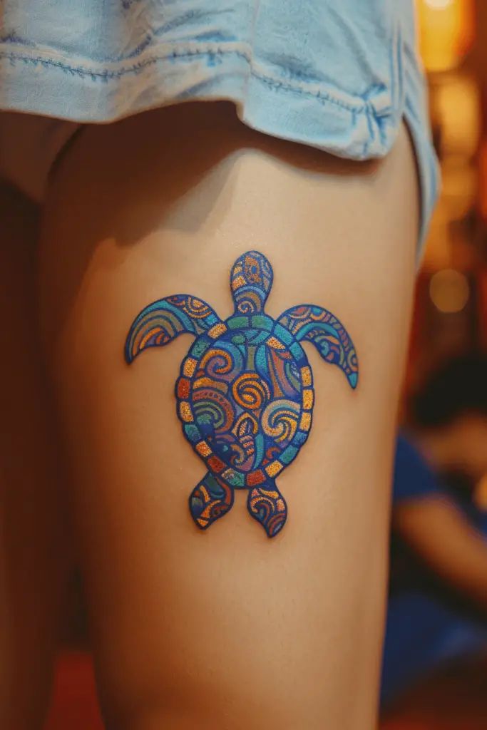 Geometric turtle nature tattoo design for women on thigh tattoo ideas