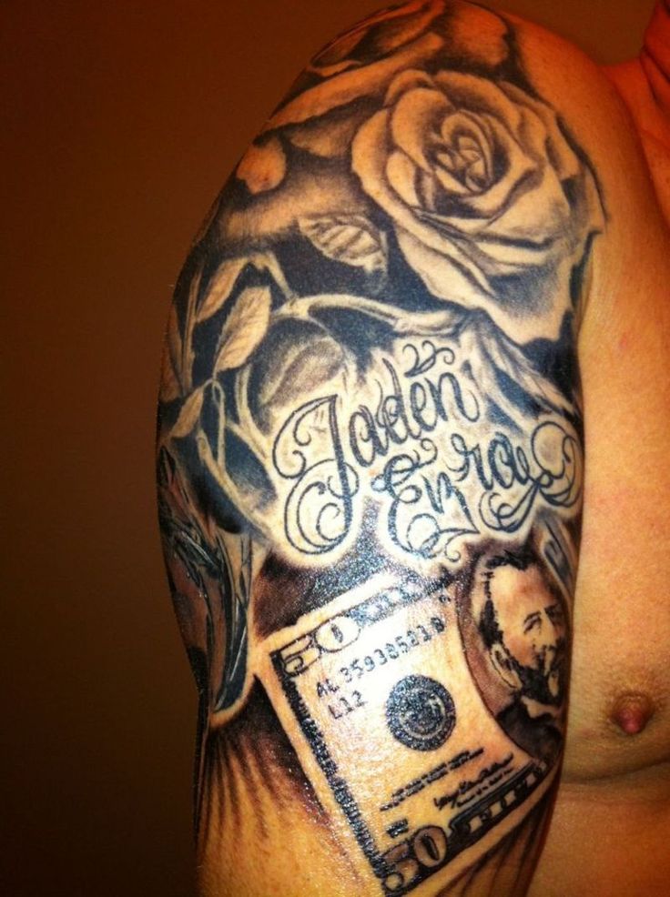 Realism rose and money tattoo design for men on arm and shoulder with names tattoo ideas