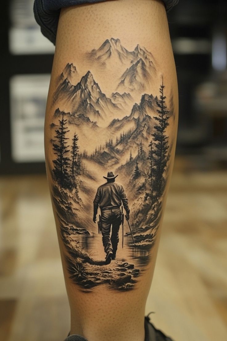 Realistic mountain and nature landscape tattoo design for men on leg tattoo ideas