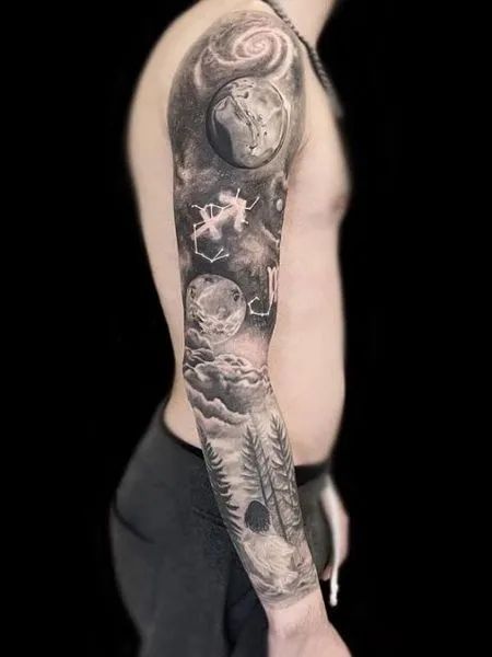 Realistic zodiac, space, and moon full sleeve tattoo design for men tattoo ideas