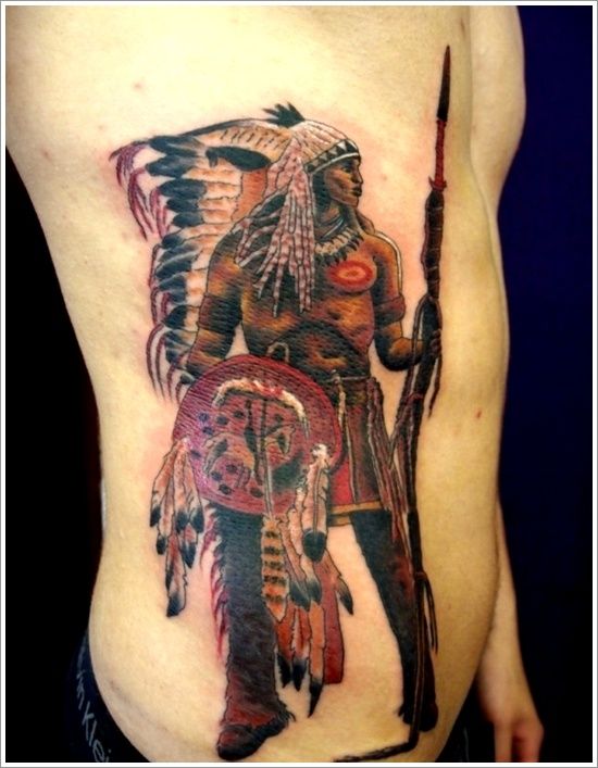 Realistic Native American tattoo design for man on rib tattoo ideas