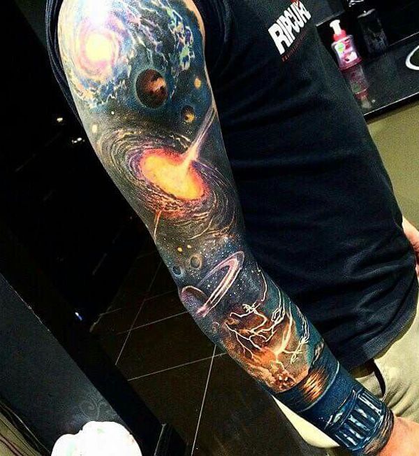 Realistic space and galaxy full sleeve tattoo design for men tattoo ideas