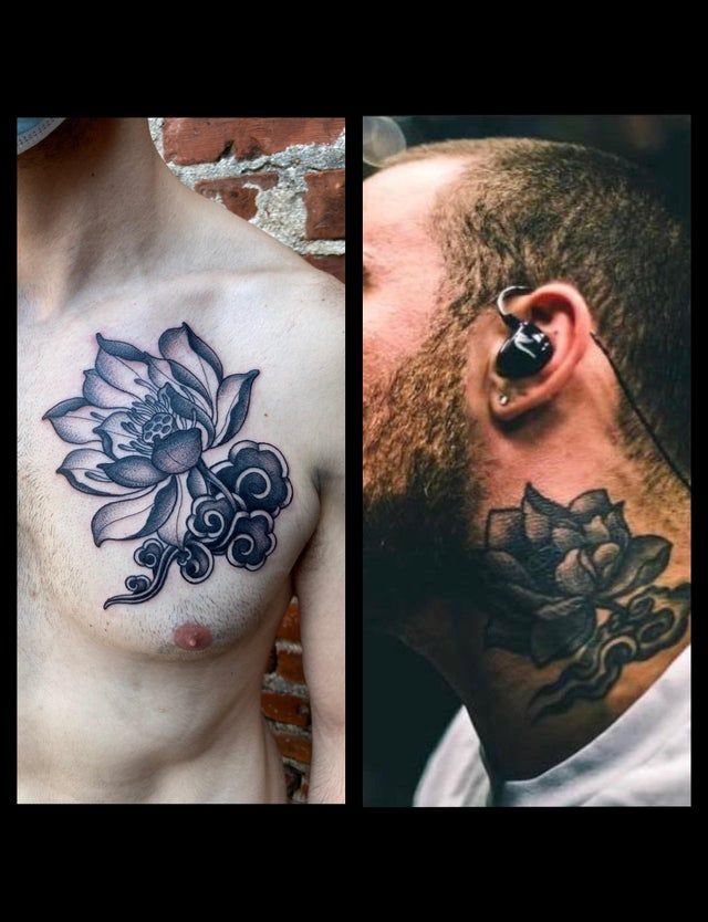 Black and grey lotus and cloud tattoo design for men on chest and neck tattoo ideas