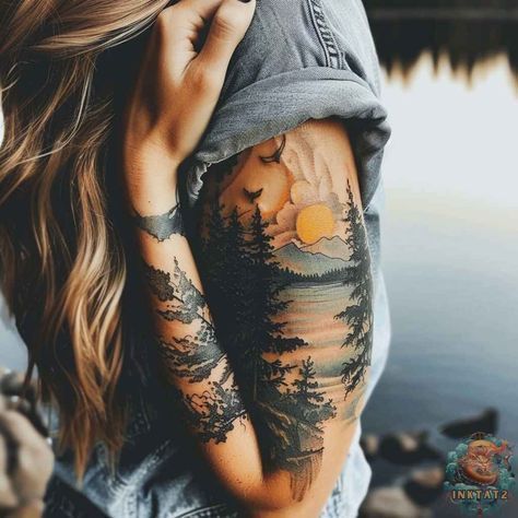 Realistic sun, trees, and nature tattoo design for women as a full sleeve on arm tattoo ideas
