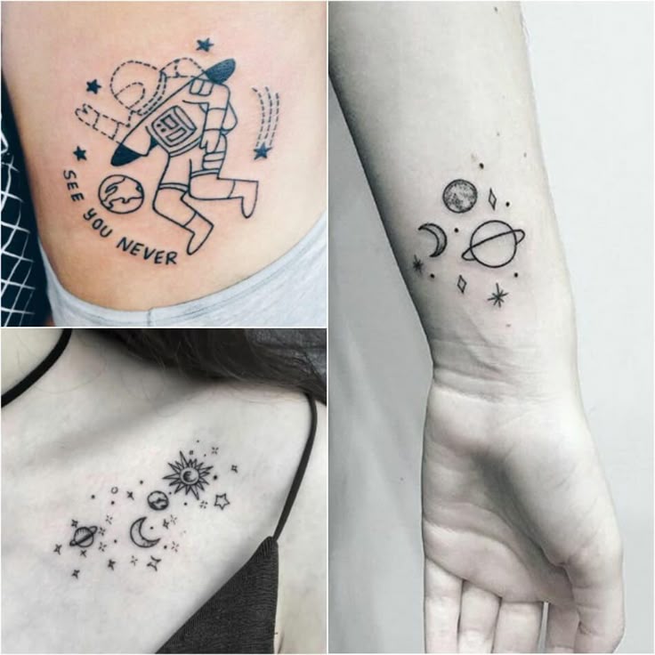 Minimalist space and Gemini tattoo design for women on rib, wrist, and chest tattoo ideas
