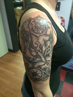 Black and grey anchor and compass tattoo design for women on half sleeve arm tattoo ideas