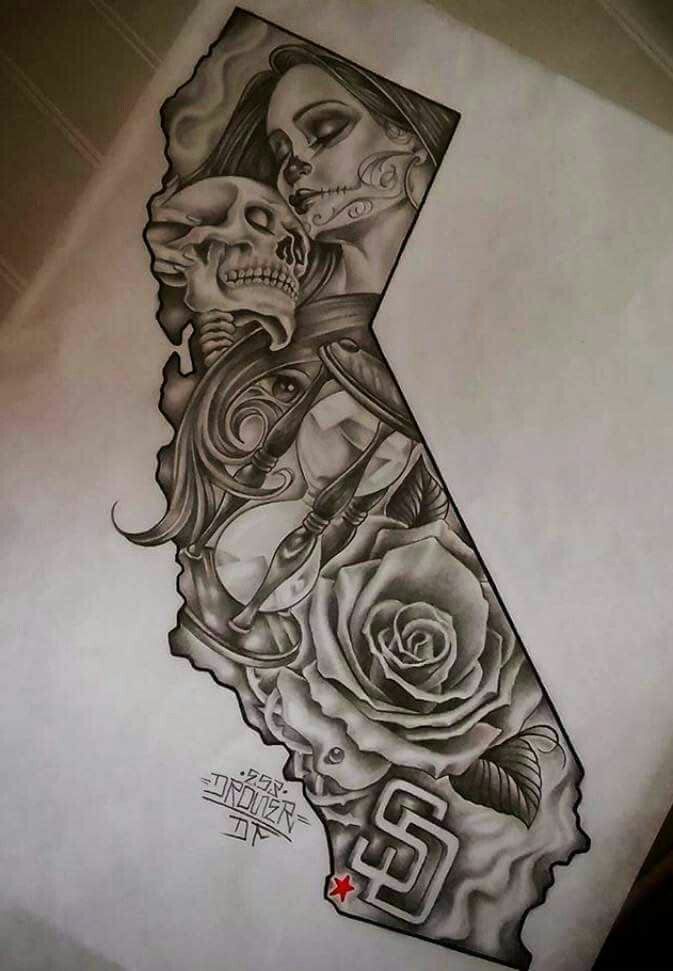 Realistic skull and rose tattoo design for women within a full sleeve depicting California tattoo ideas