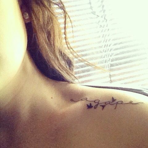 Script word and bird tattoo design for women on shoulder tattoo ideas