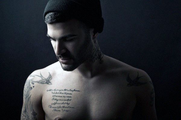 Black and grey bird and quotes tattoo design for men on shoulder, neck, and chest tattoo ideas