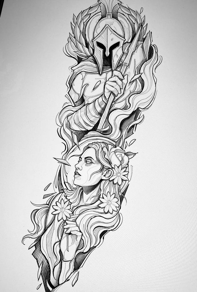 Neo-Traditional warrior and woman with flowers tattoo design for men and women, a full sleeve tattoo idea tattoo ideas