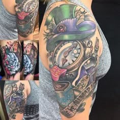 Realism alice in wonderland and clock tattoo design for women on arm, half sleeve tattoo ideas