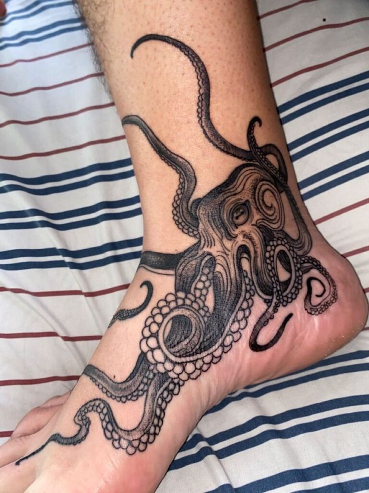 Blackwork octopus tattoo design for men and women on ankle and foot tattoo ideas