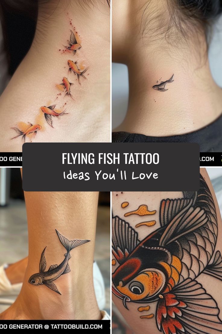 Flying fish tattoo design for women and men, featuring sketch and traditional styles on neck and ankle tattoo ideas