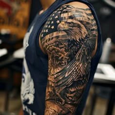 Realistic eagle and American flag tattoo design for men on half sleeve tattoo ideas