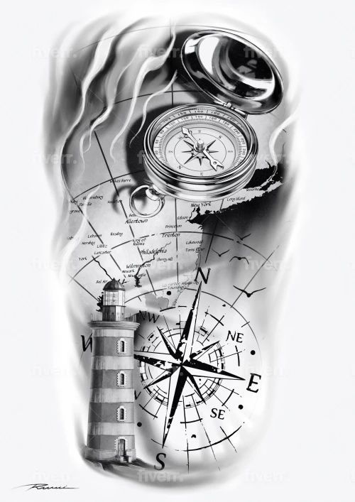 Realistic compass and nautical tattoo design for men and women on full sleeve tattoo ideas