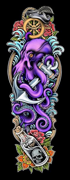 Traditional octopus, skull and flower tattoo design for men and women full sleeve tattoo ideas