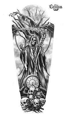 Realism grim reaper, skull, and clock tattoo design for men and women on full sleeve tattoo ideas