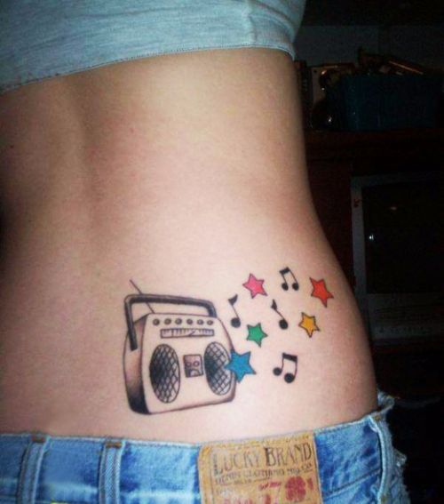 New School boombox with stars and notes tattoo design for women on hip tattoo ideas