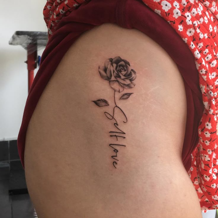 Rose with 'Self Love' script tattoo design for women on hip tattoo ideas
