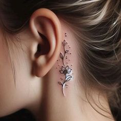 Fine line floral tattoo design for women behind the ear tattoo ideas