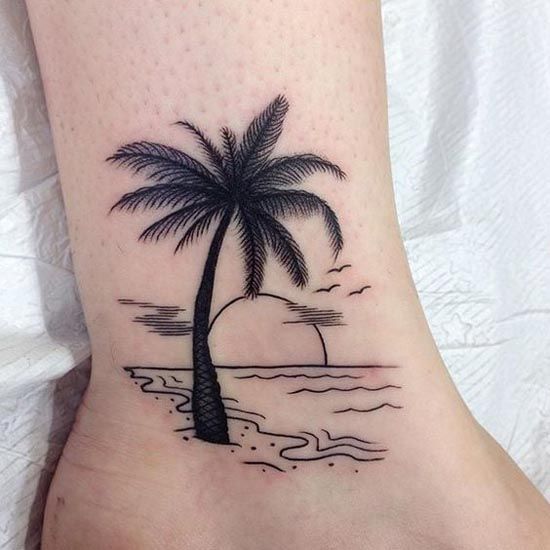 Linework palm tree sunset tattoo design for women on ankle tattoo ideas