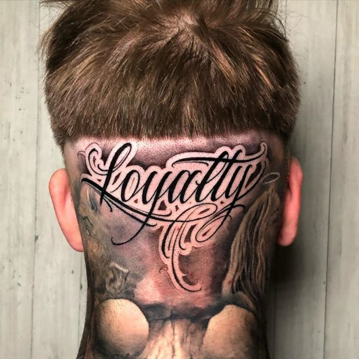Script Loyalty tattoo design for men on neck tattoo ideas