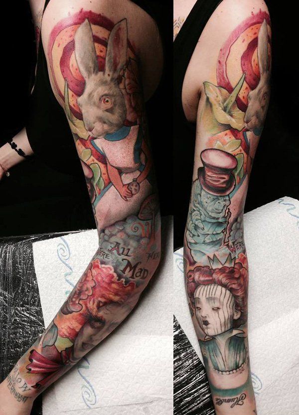 Neo-traditional Alice in Wonderland tattoo design for women on full sleeve tattoo ideas