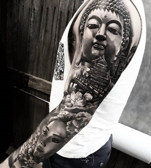 Realistic Buddha and floral tattoo design for men and women on arm tattoo ideas
