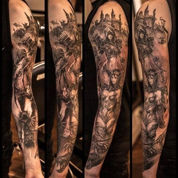 Realistic warrior and fantasy tattoo design for women as a full sleeve tattoo ideas