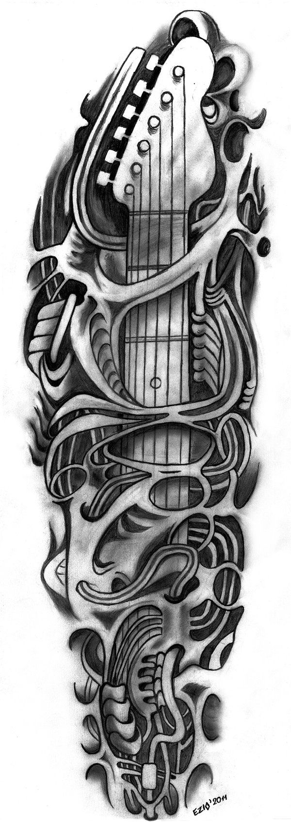Biomechanical guitar tattoo design for men and women on full sleeve tattoo ideas