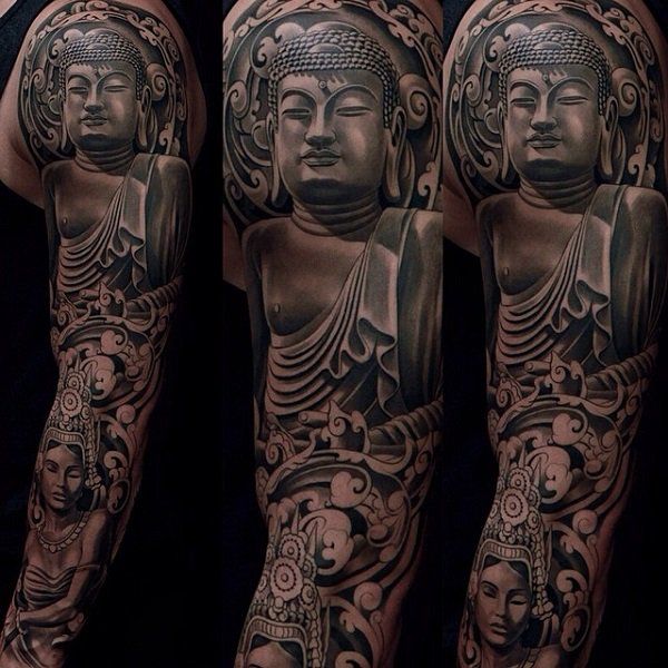 Realistic Buddha and religious tattoo design for men and women on arm and full sleeve tattoo ideas