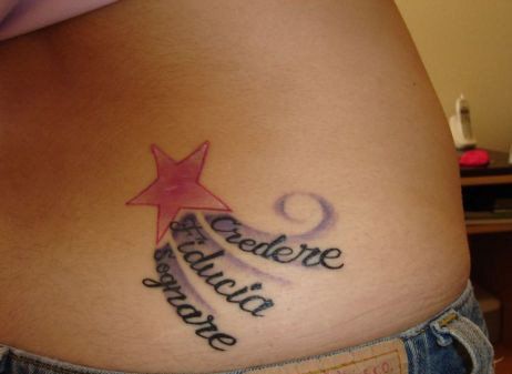 Star tattoo design with italian words for women on hip tattoo ideas
