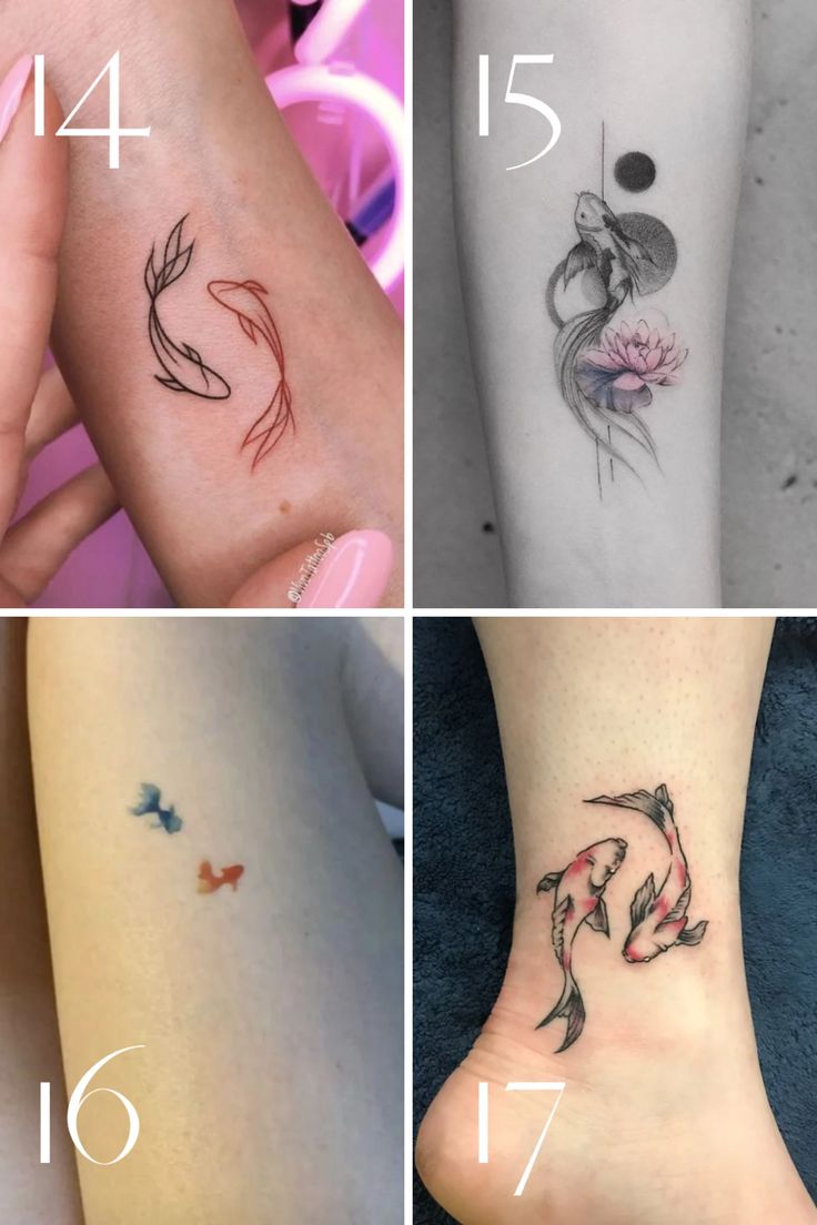 Minimalist koi fish and floral tattoo designs for women and men on wrist, ankle, and calf tattoo ideas