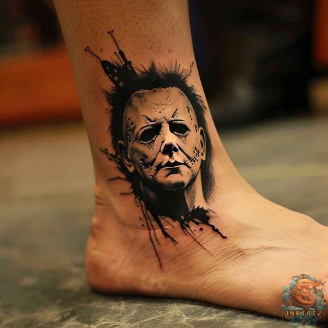 Realistic horror Michael Myers ankle tattoo design for men tattoo ideas