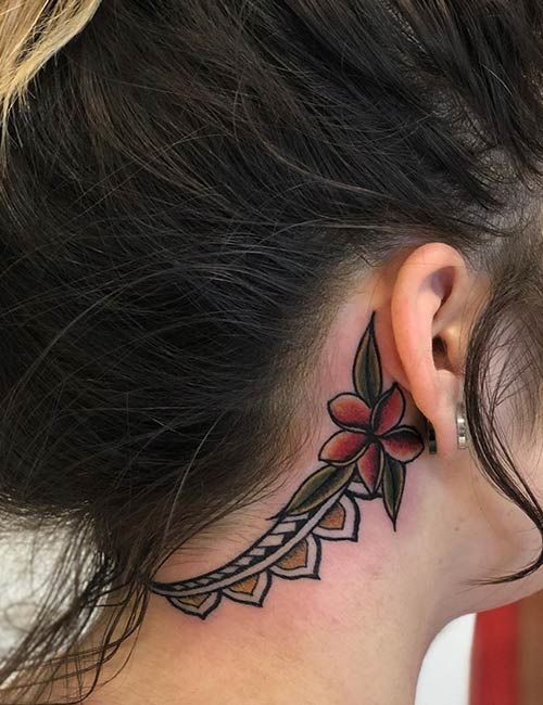 Traditional flower and floral tattoo design for women behind the ear and neck tattoo ideas