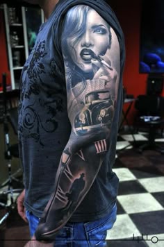 Realistic clock and car tattoo design for women on full sleeve tattoo ideas