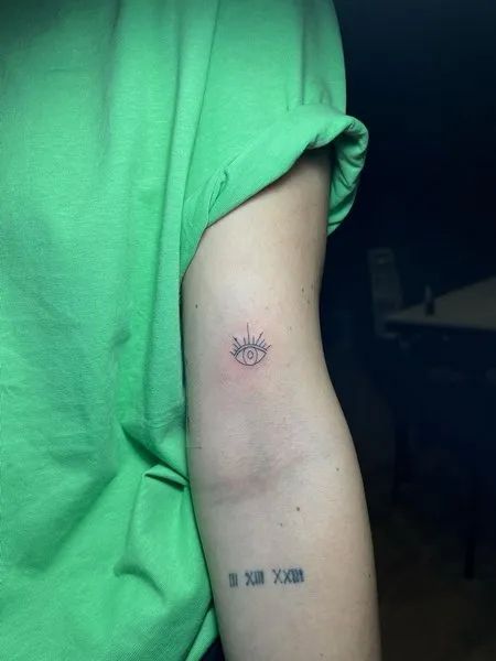 Fine Line sun and eye tattoo design for women on forearm tattoo ideas