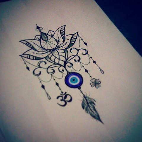 Fine Line lotus, evil eye, and feather tattoo design for women tattoo ideas