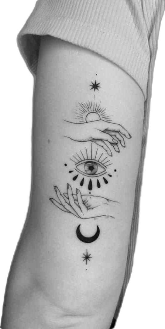 Fine Line sun, eye, moon, and star tattoo design for women on arm tattoo ideas