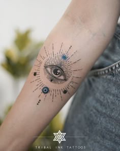 Fine line eye and star tattoo design for women on forearm tattoo ideas