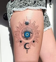 Fine Line eye moon and star tattoo design for women on thigh tattoo ideas