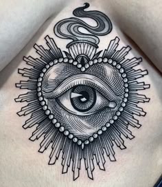 Blackwork heart with eye and memento mori tattoo design for women on sternum tattoo ideas