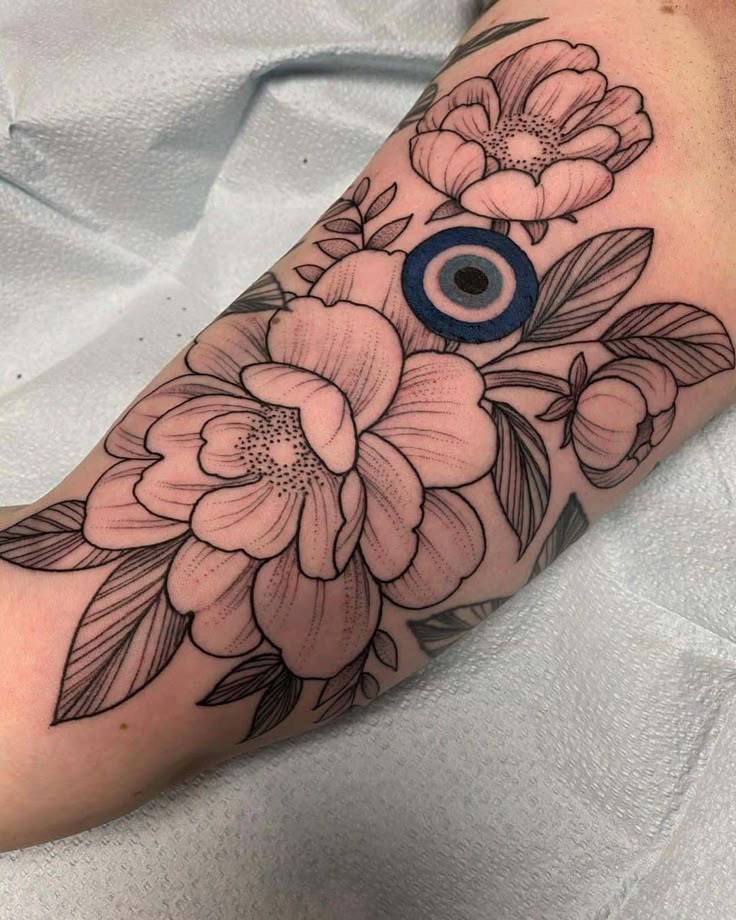 Fine Line floral and eye tattoo design for women on forearm tattoo ideas