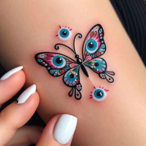 New School butterfly and evil eye tattoo design for women on arm tattoo ideas