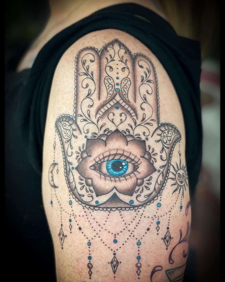Fine Line eye, sun and moon tattoo design for women on arm tattoo ideas