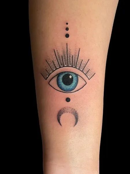 Fine Line moon and eye tattoo design for women on forearm tattoo ideas