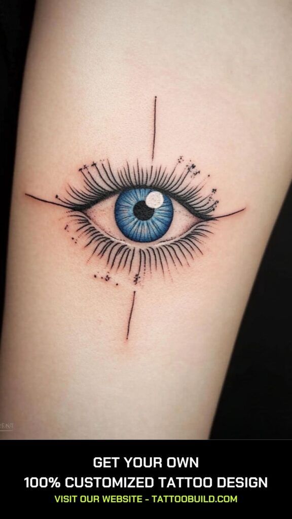 Fine line eye and star tattoo design for women and men on arm tattoo ideas