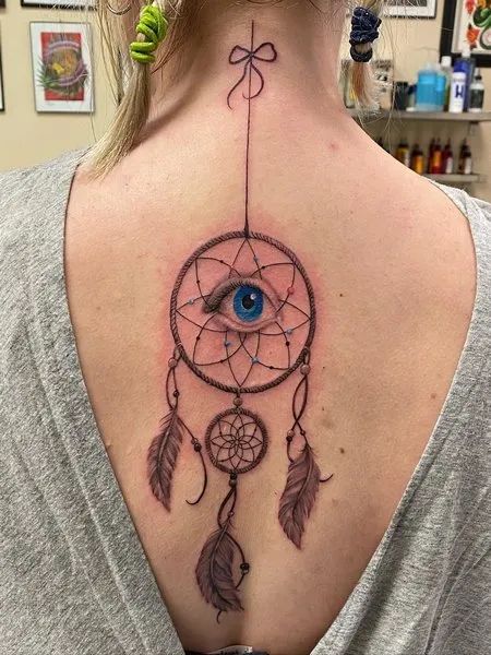 Realistic eye and feather dreamcatcher tattoo design for women on back and neck tattoo ideas