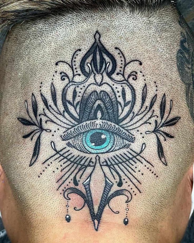 Blackwork eye and flower tattoo design for men on face tattoo ideas
